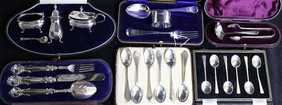 Five cased sets of silver cutlery including christening sets and spoons and one other matched set of spoons.